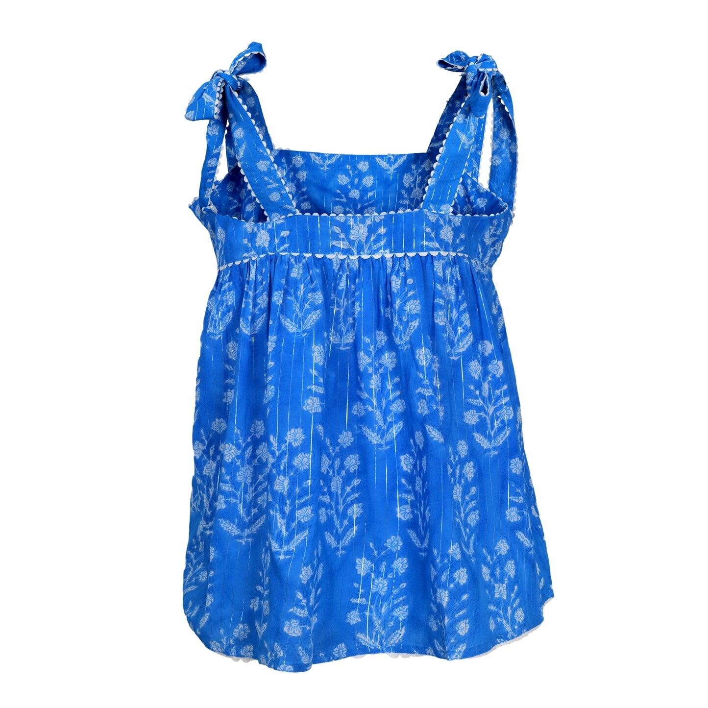 Small Flower Print Tie Shoulder Top W/Lurex L Sapphire/Silver - Top