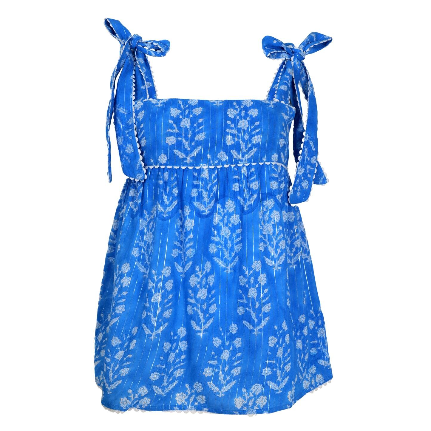 Small Flower Print Tie Shoulder Top W/Lurex L Sapphire/Silver - Top