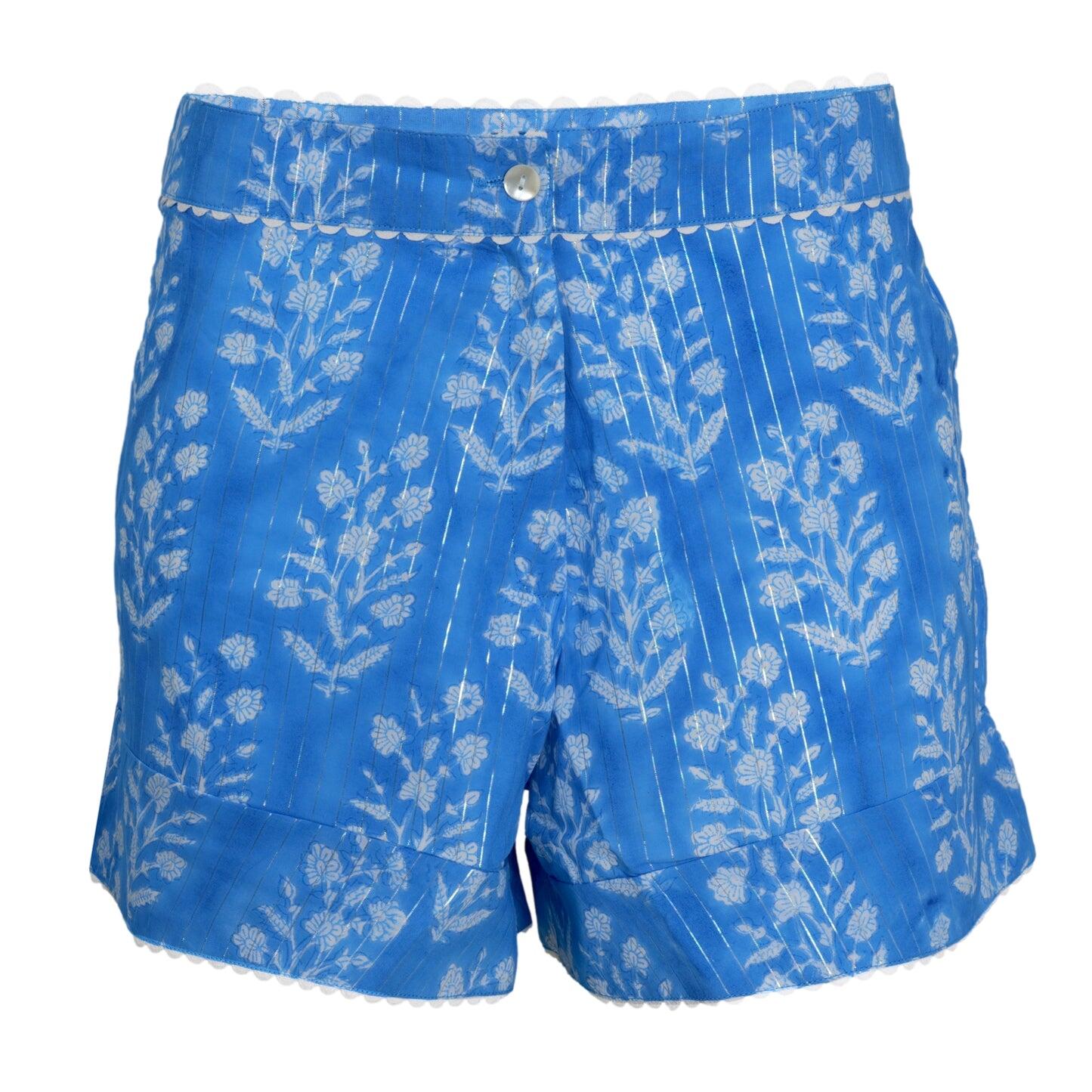 Small Flower Print High Waisted Shorts W/Lurex L Sapphire/Silver - Shorts