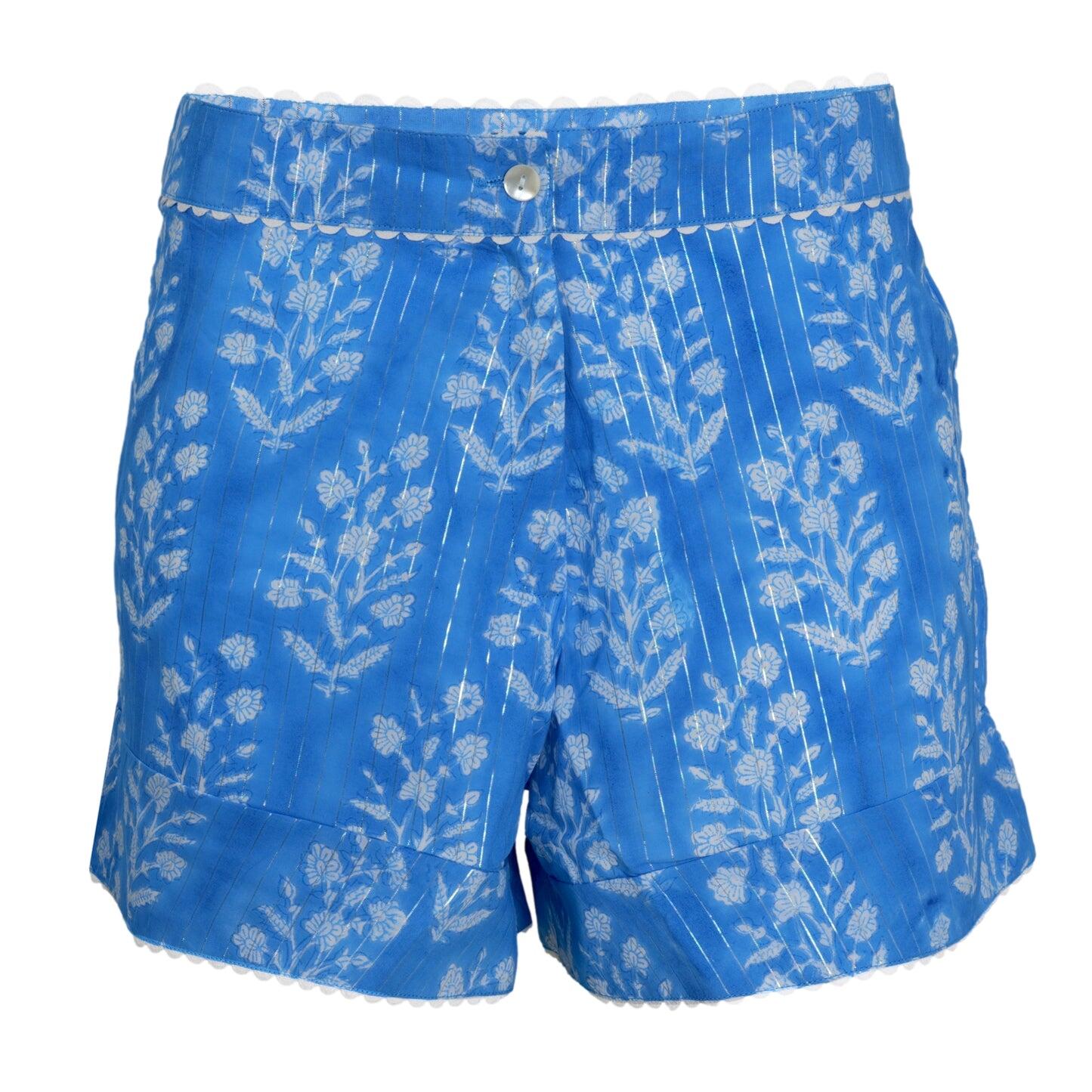 Small Flower Print High Waisted Shorts W/Lurex L Sapphire/Silver