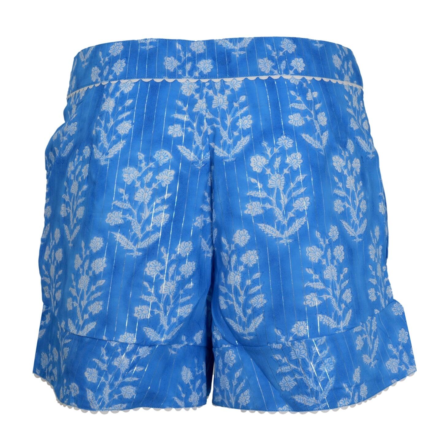 Small Flower Print High Waisted Shorts W/Lurex L Sapphire/Silver - Shorts