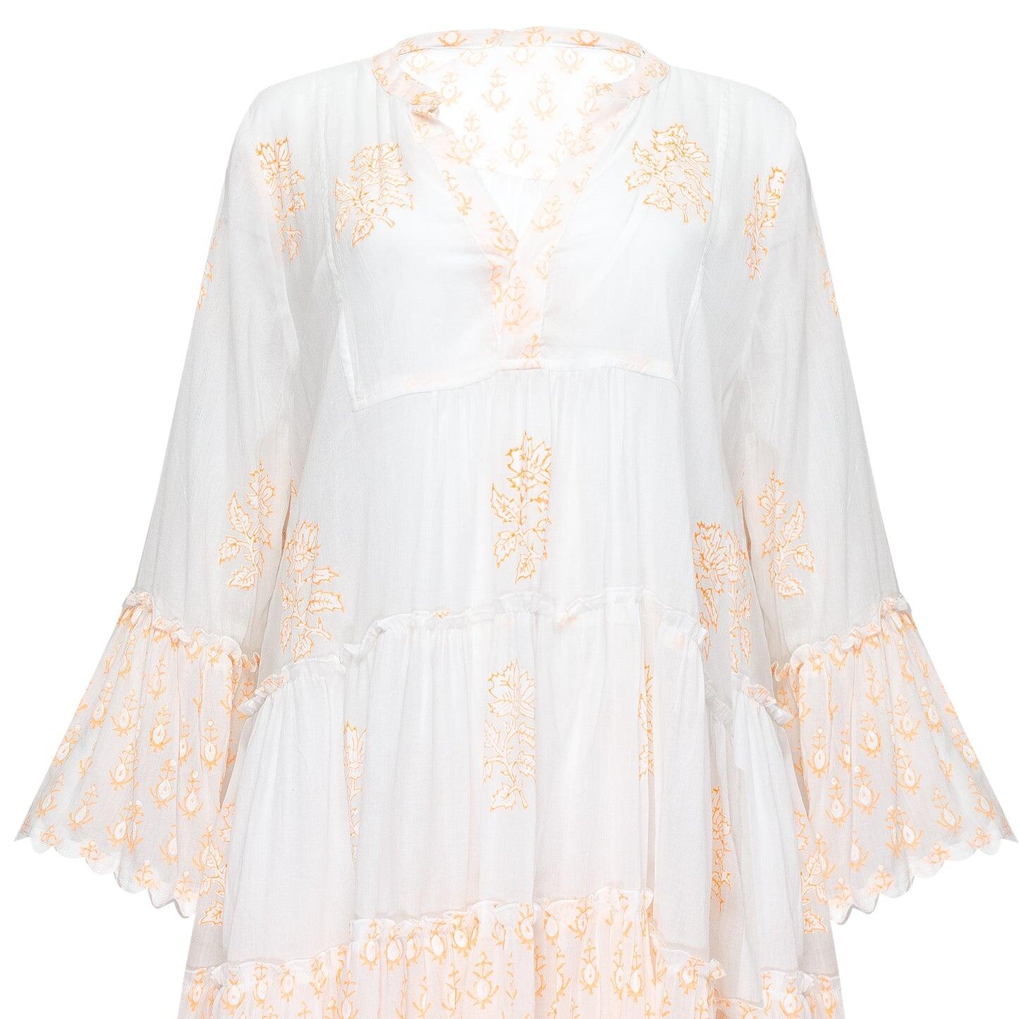 Flared Sleeve Dress With Rose Block Print & Ric Rac Pale Neon Orange/White
