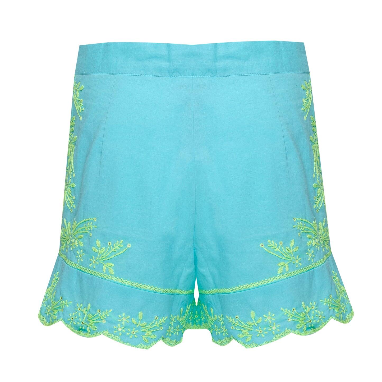 High Waisted Shorts With Lotus Embroidery-Lined Aqua/Neon Yellow