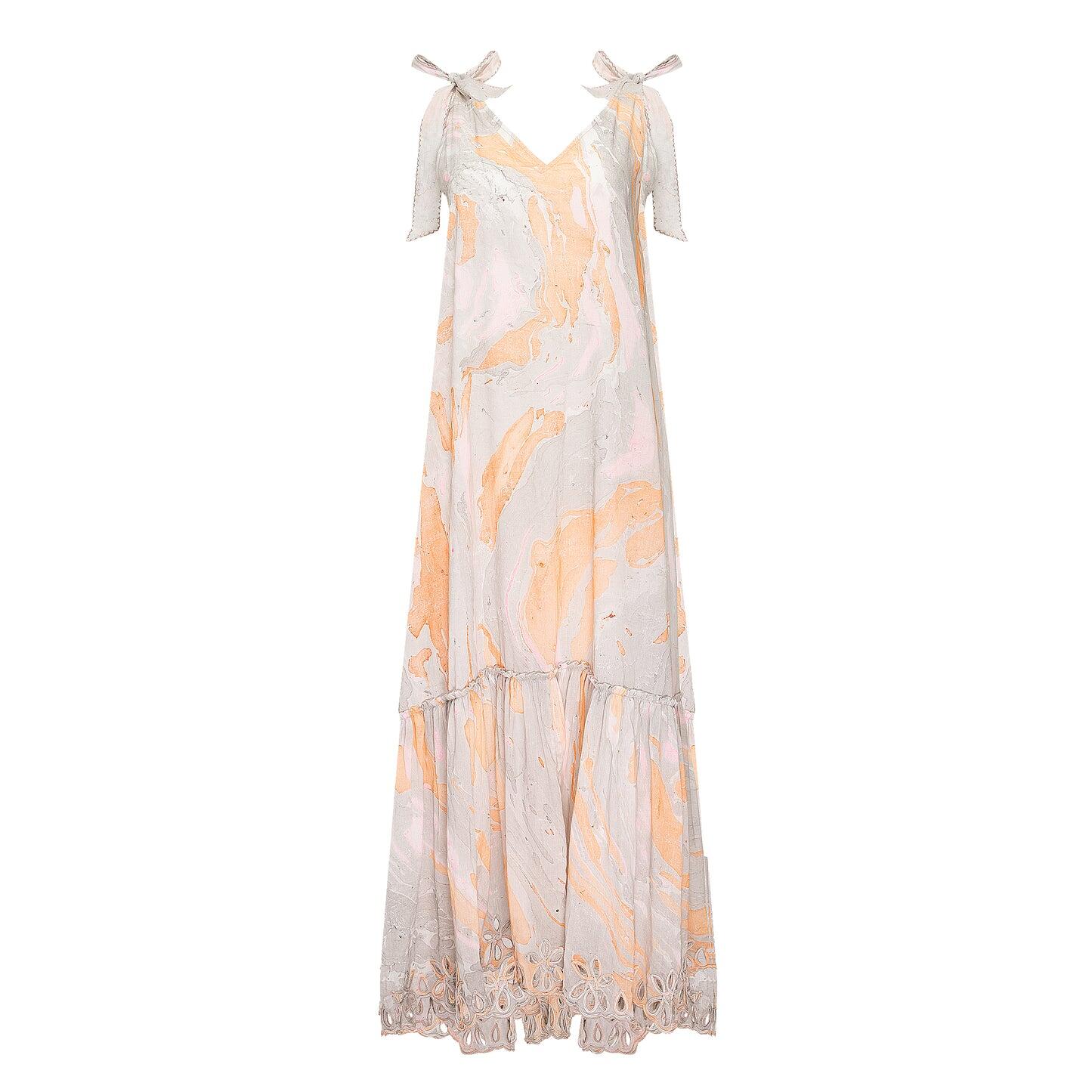 Marble Print V-Front maxi Dress w/Cut out Embro Blue/Peach - O/S - Dress