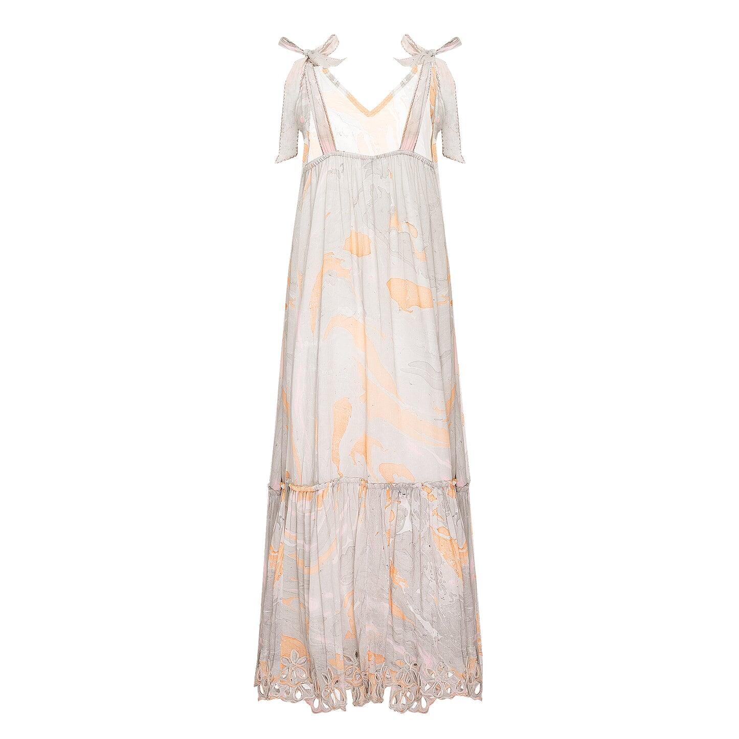 Marble Print V-Front maxi Dress w/Cut out Embro Blue/Peach - O/S - Dress
