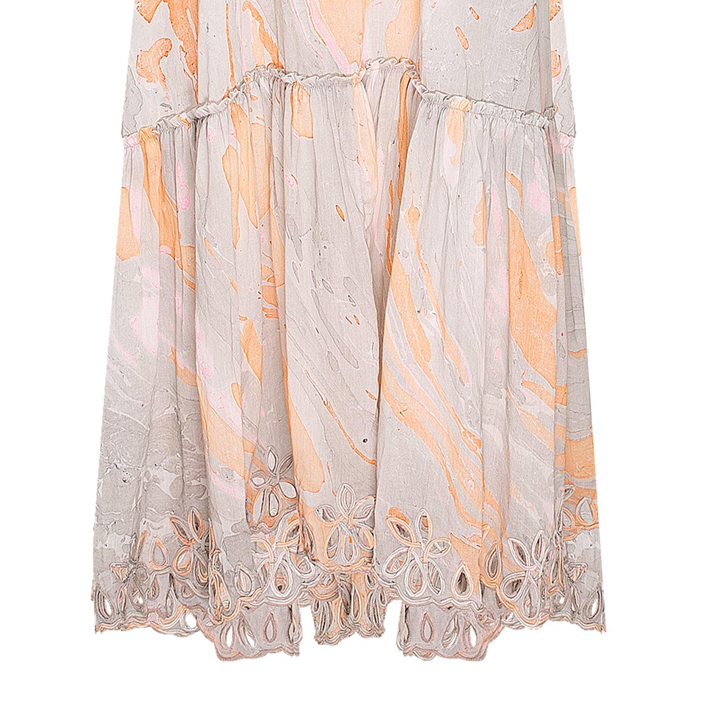 Marble Print V-Front maxi Dress w/Cut out Embro Blue/Peach - O/S - Dress