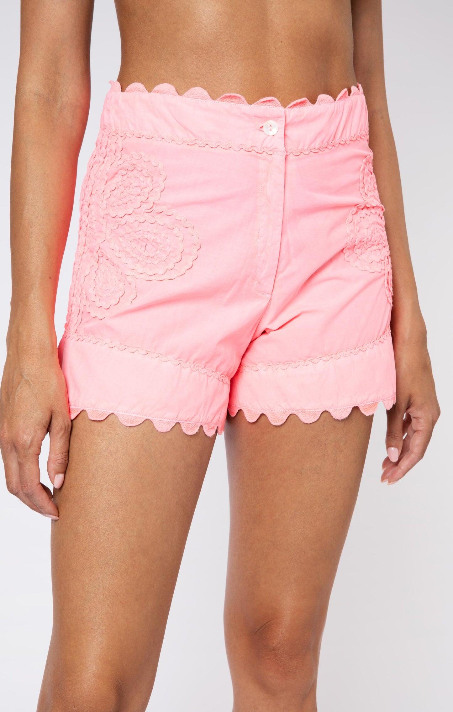 Neon Poplin High Waisted Shorts W/Ric Rac Embro Washed Coral