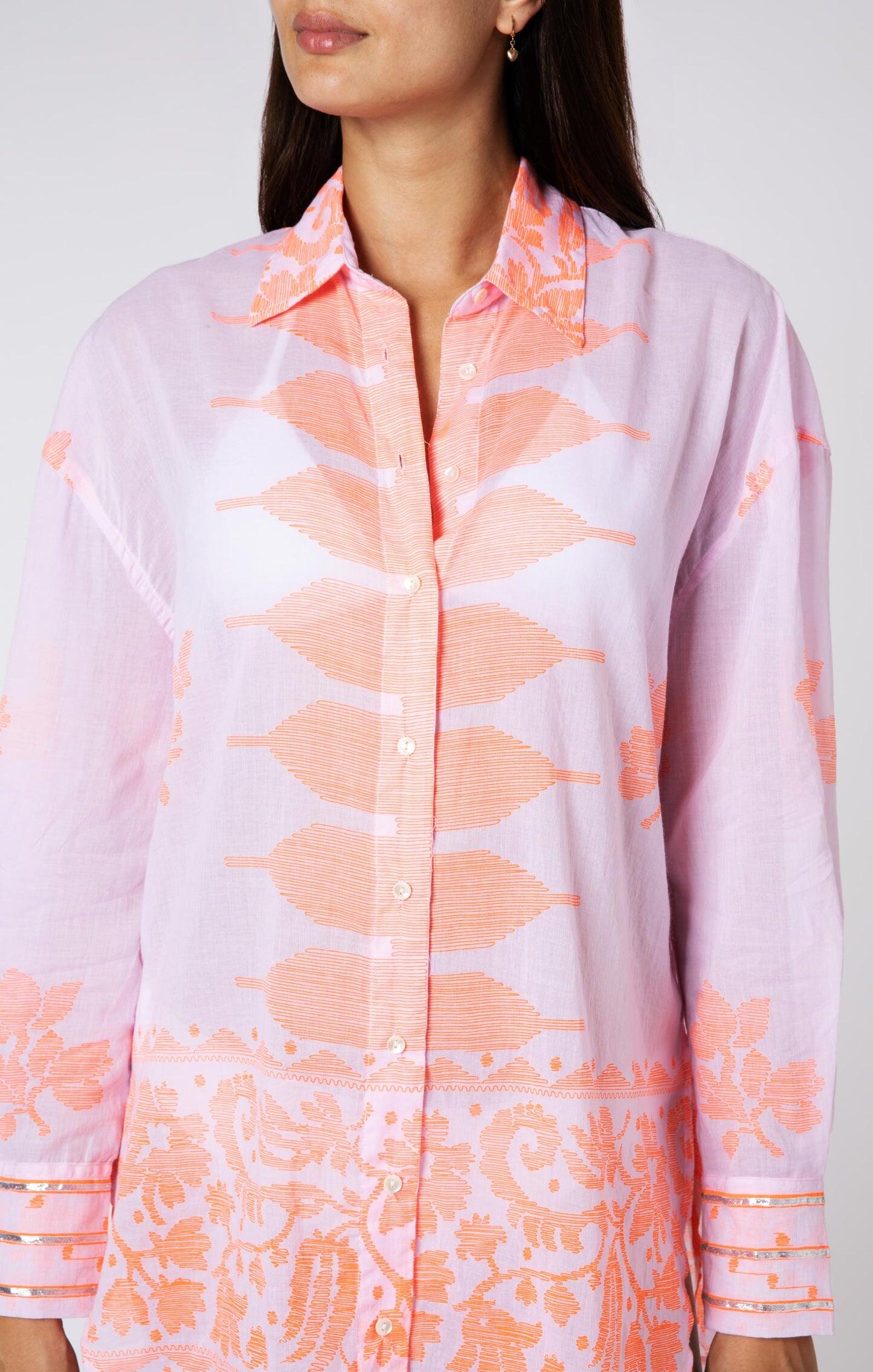 Shirt With Dhaka Print & Silver Trim Pale Pink/Neon Orange