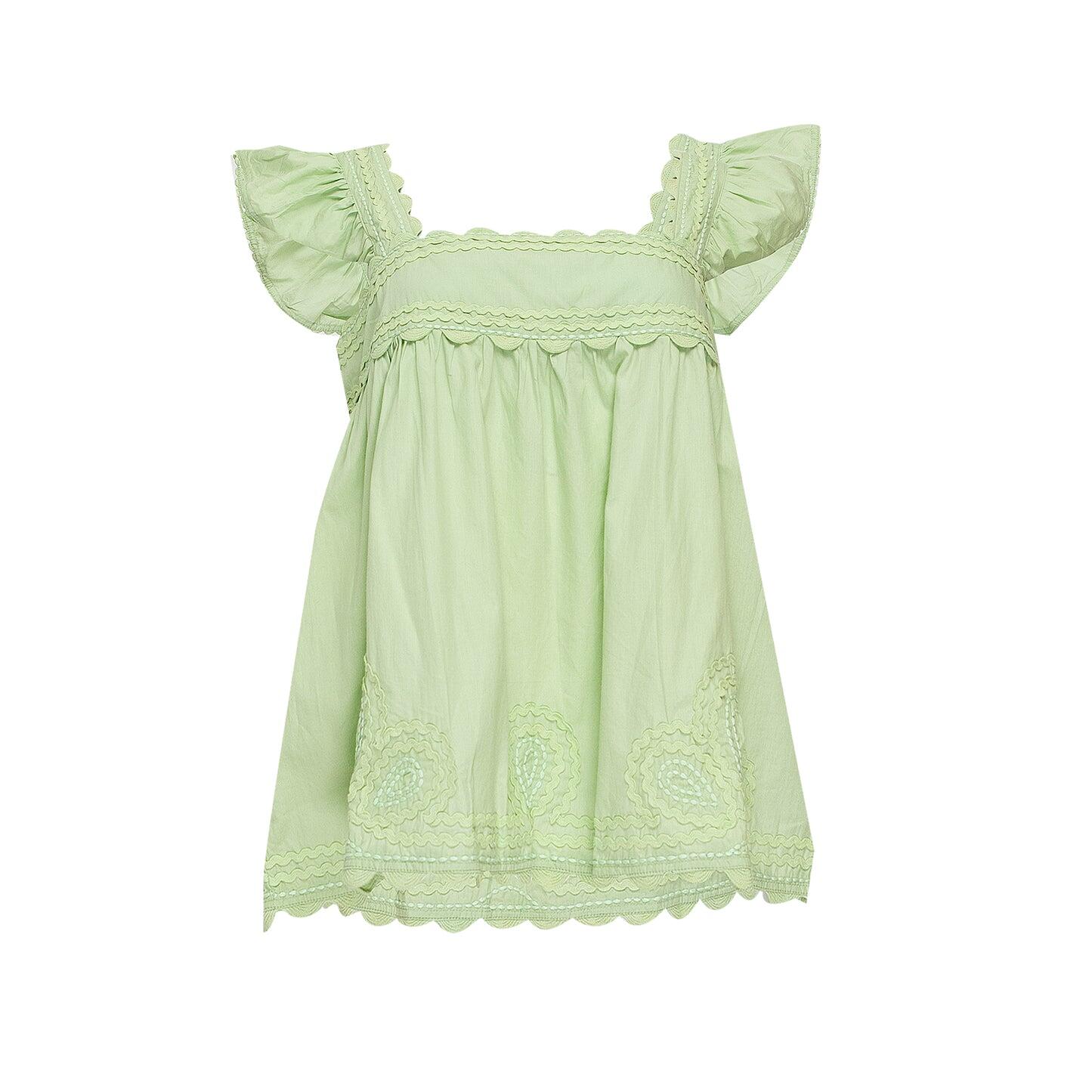 Poplin Baby Doll Top with Ric Rac Embroidery Sage