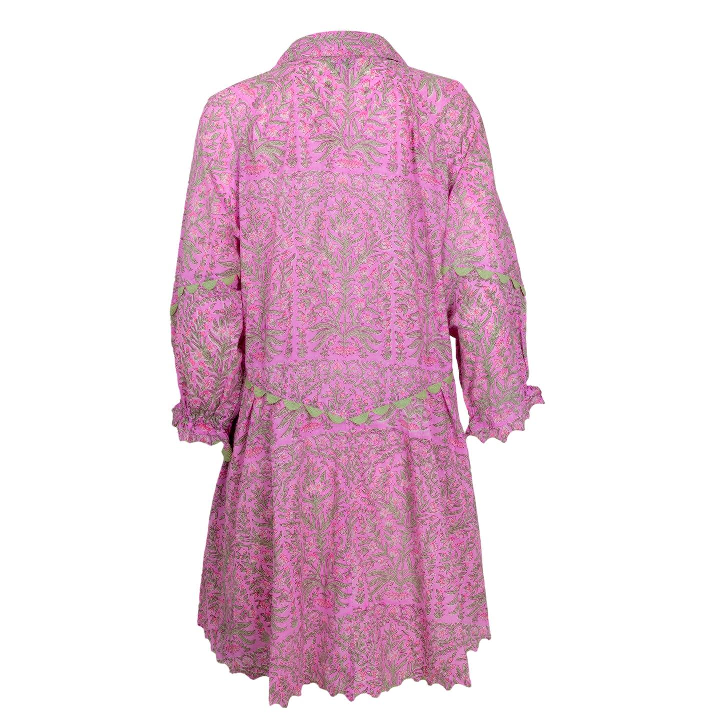 Floral Print Raglan Shirt Dress W/Ric Rac Trim Orchid/Mint - Dress
