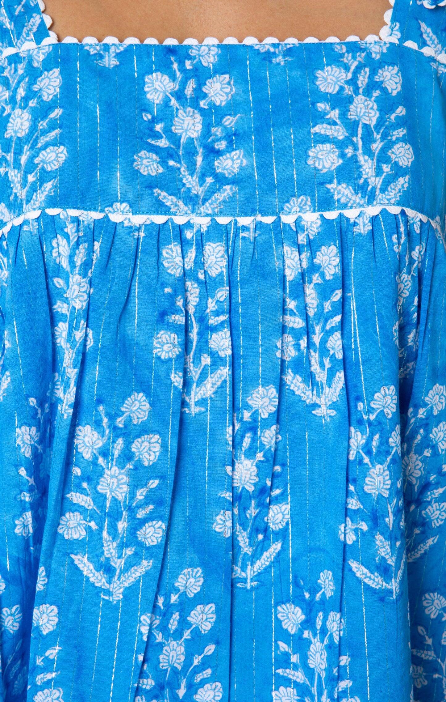 Small Flower Print Tie Shoulder Top W/Lurex L Sapphire/Silver - Top