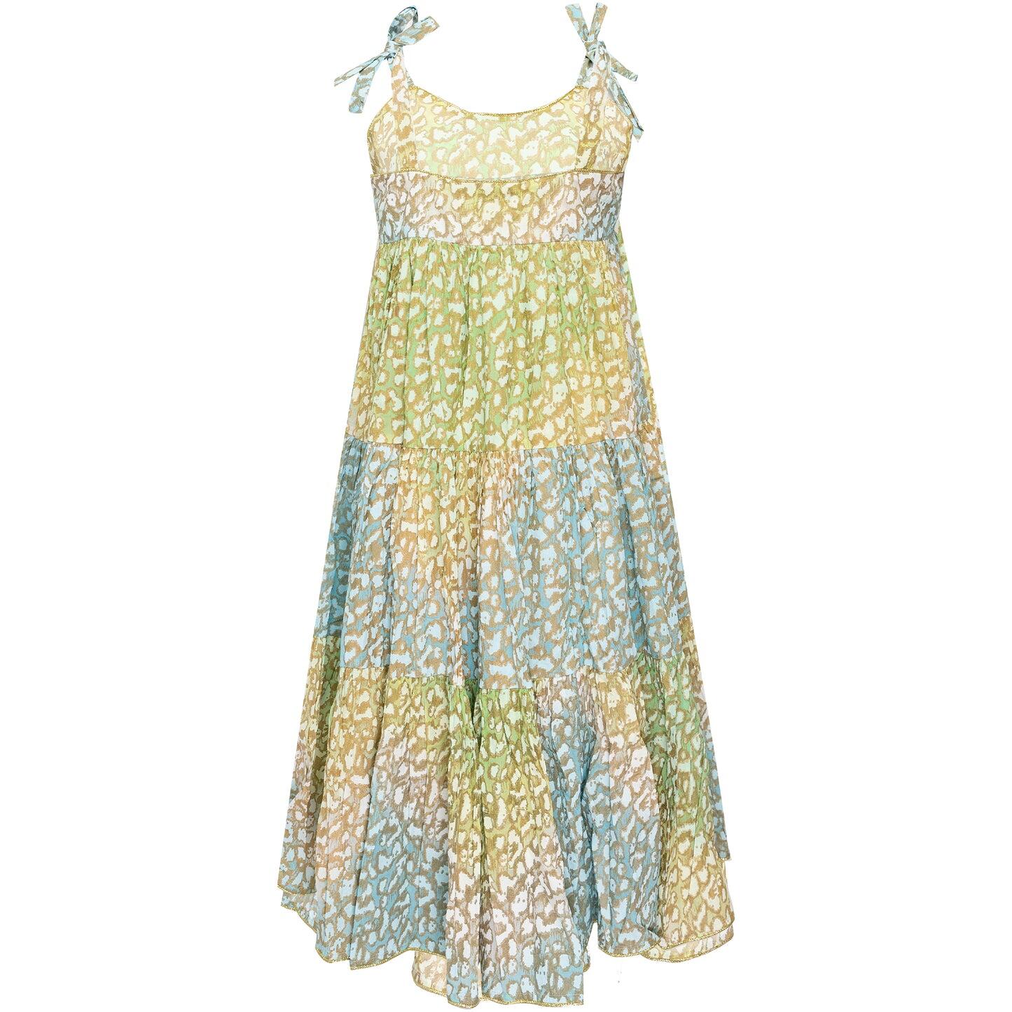 Tie Dye 70’s Sun Dress With Snow Leopard Print Green Lime/Turq - Dress