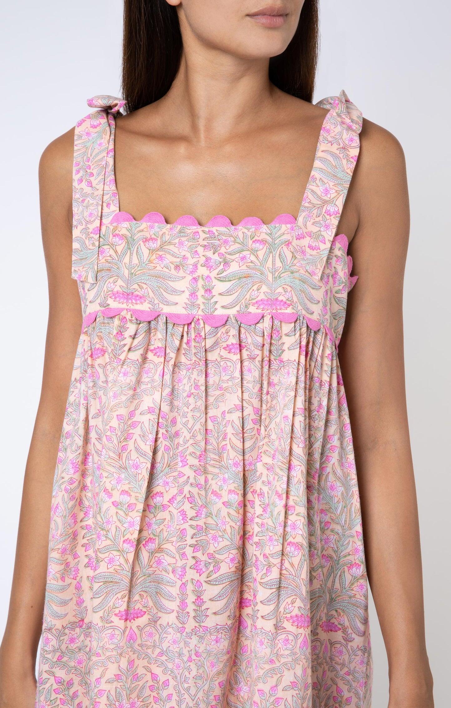 Floral Print Tie Baby Doll Dress W/Ric Rac Trim Peach/Pink