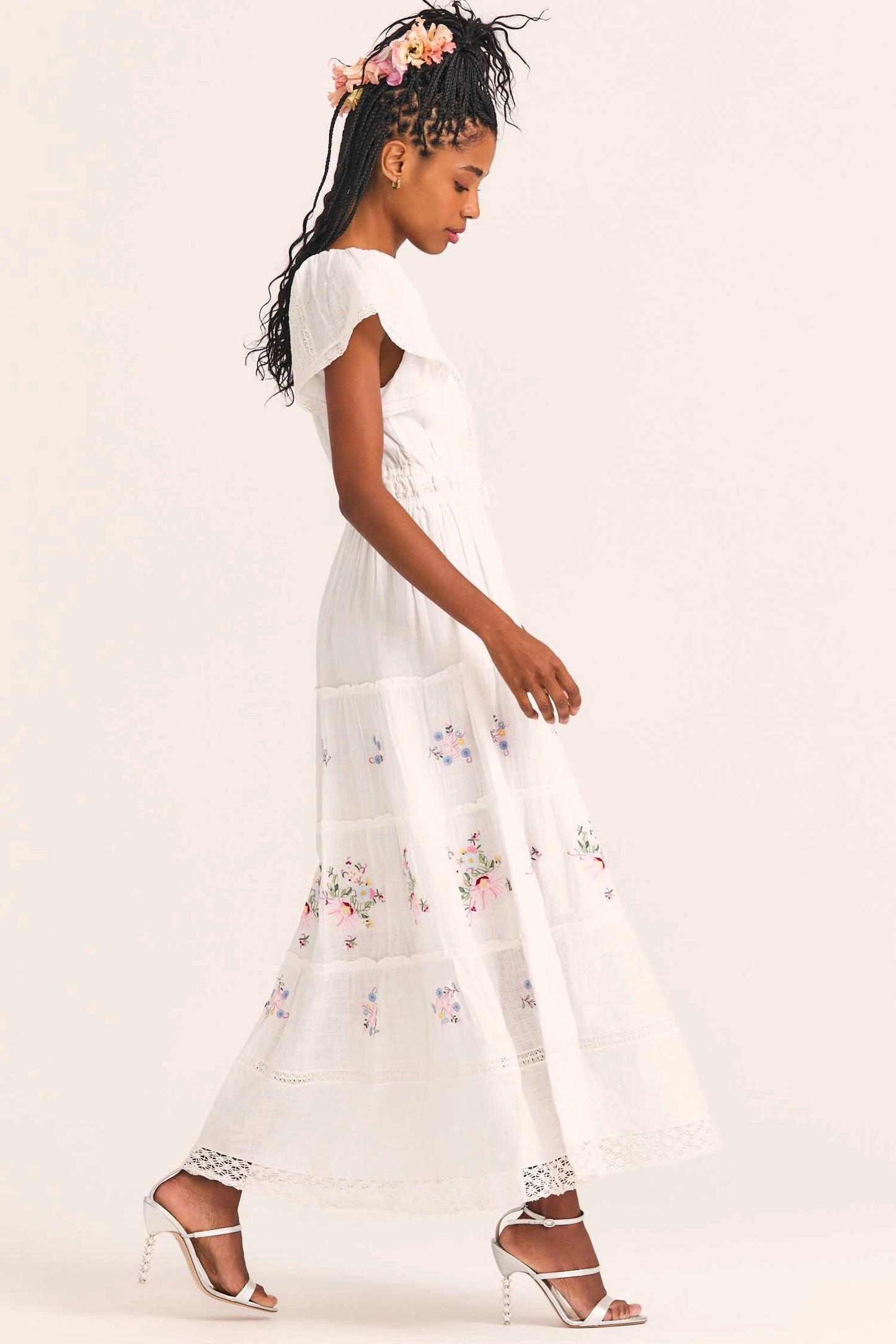 White Maxi Dress with Multicoloured Floral Embroidery