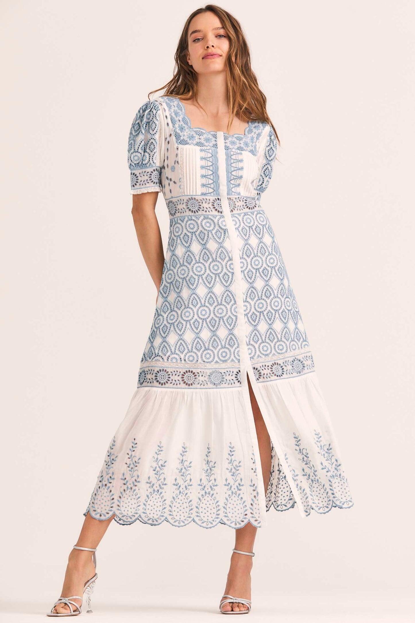 Puff Sleeve Midi Dress in White/Blue