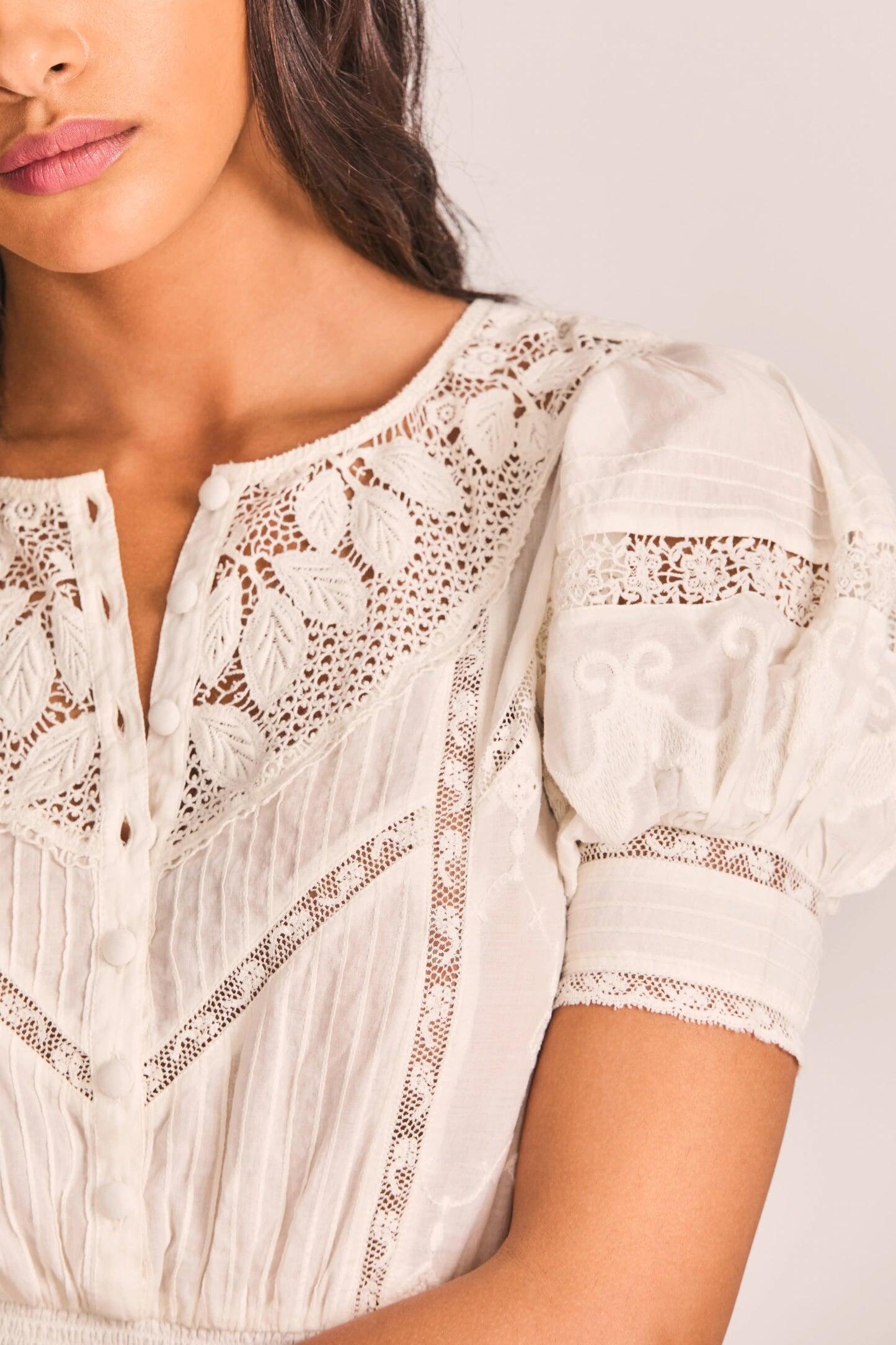 dress with intricate botanical yoke at the neck