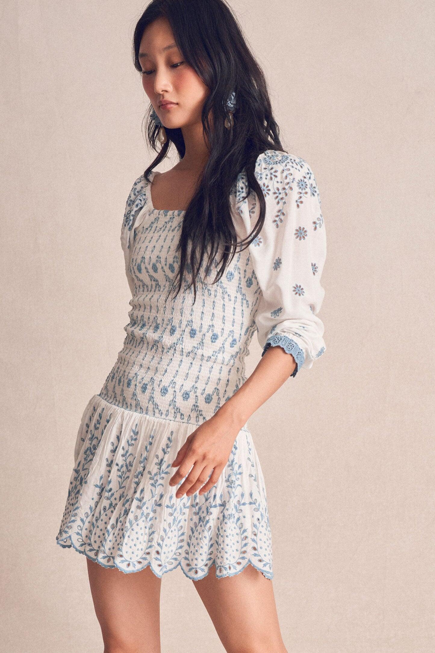 Smocked Bodice Mini Dress in White/Blue