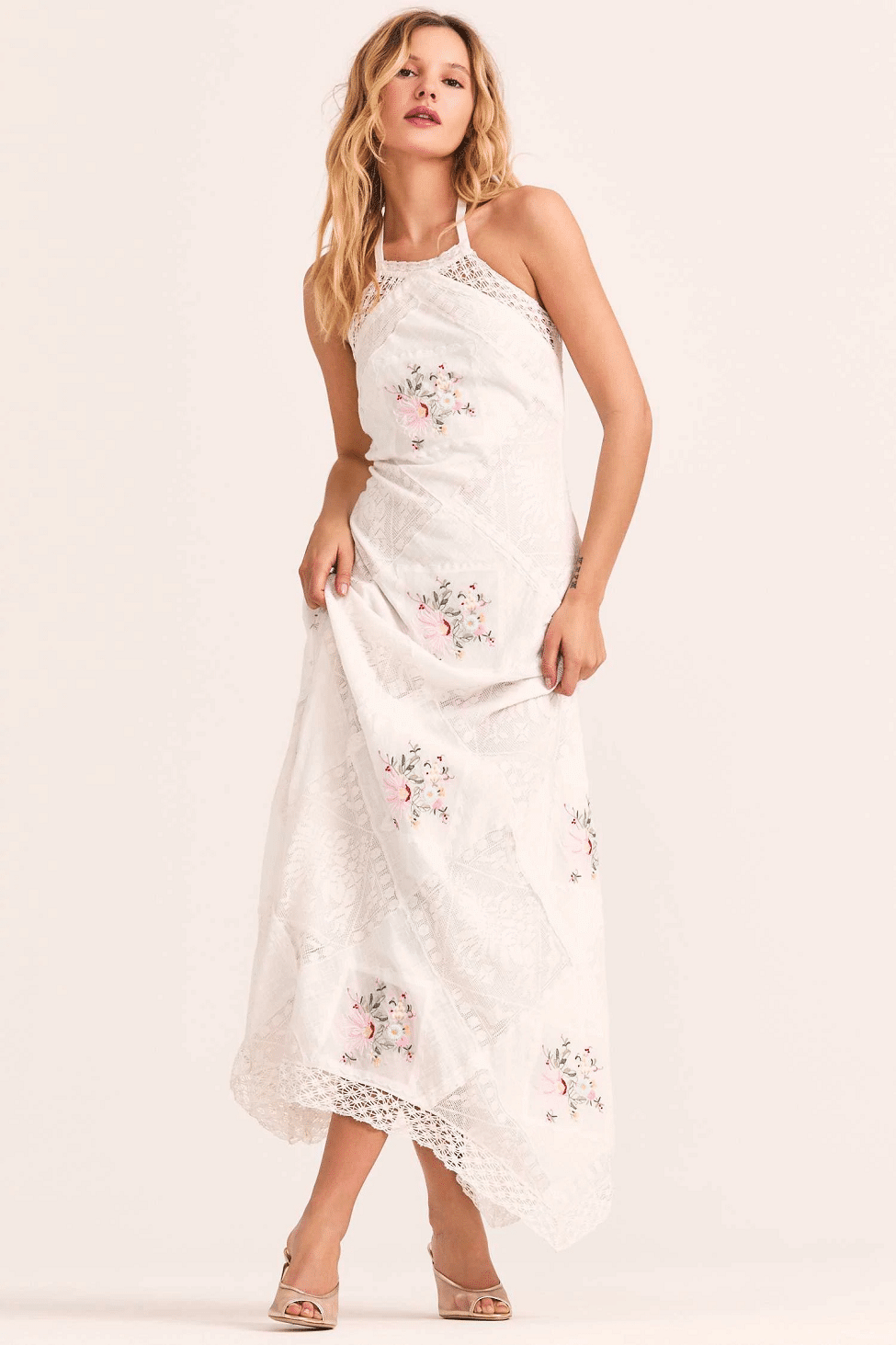 Embroidered Maxi Dress with Lace Trim 