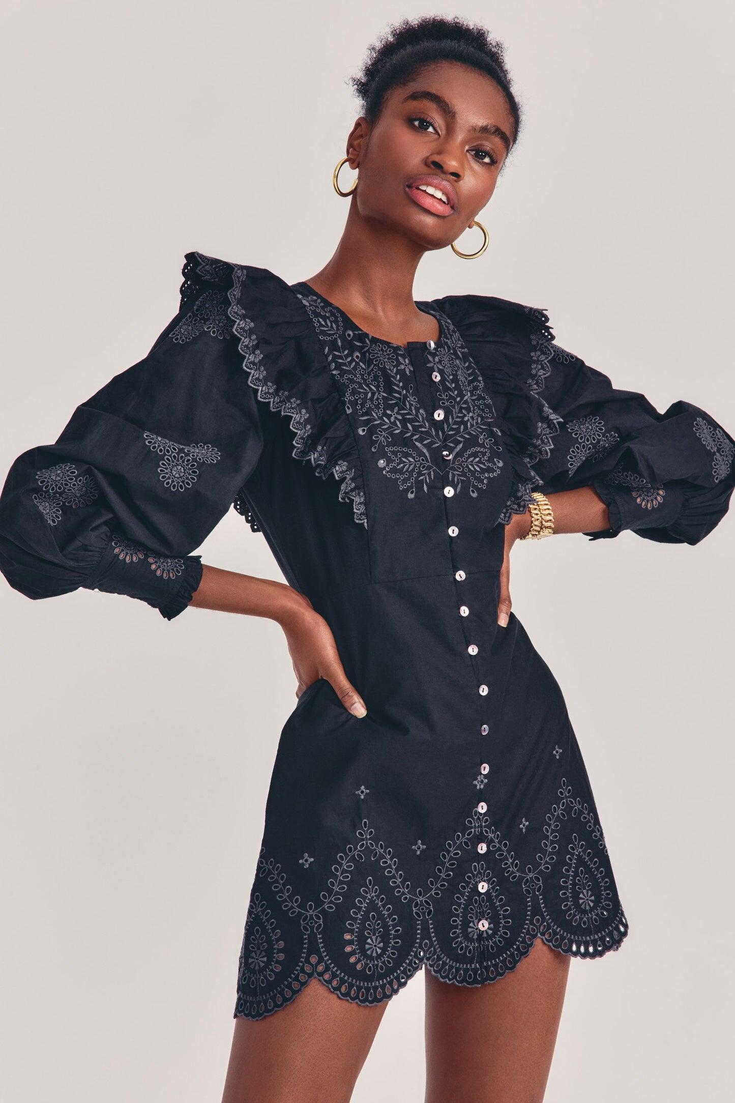 Black Mini Dress with Schiffli Embroidery