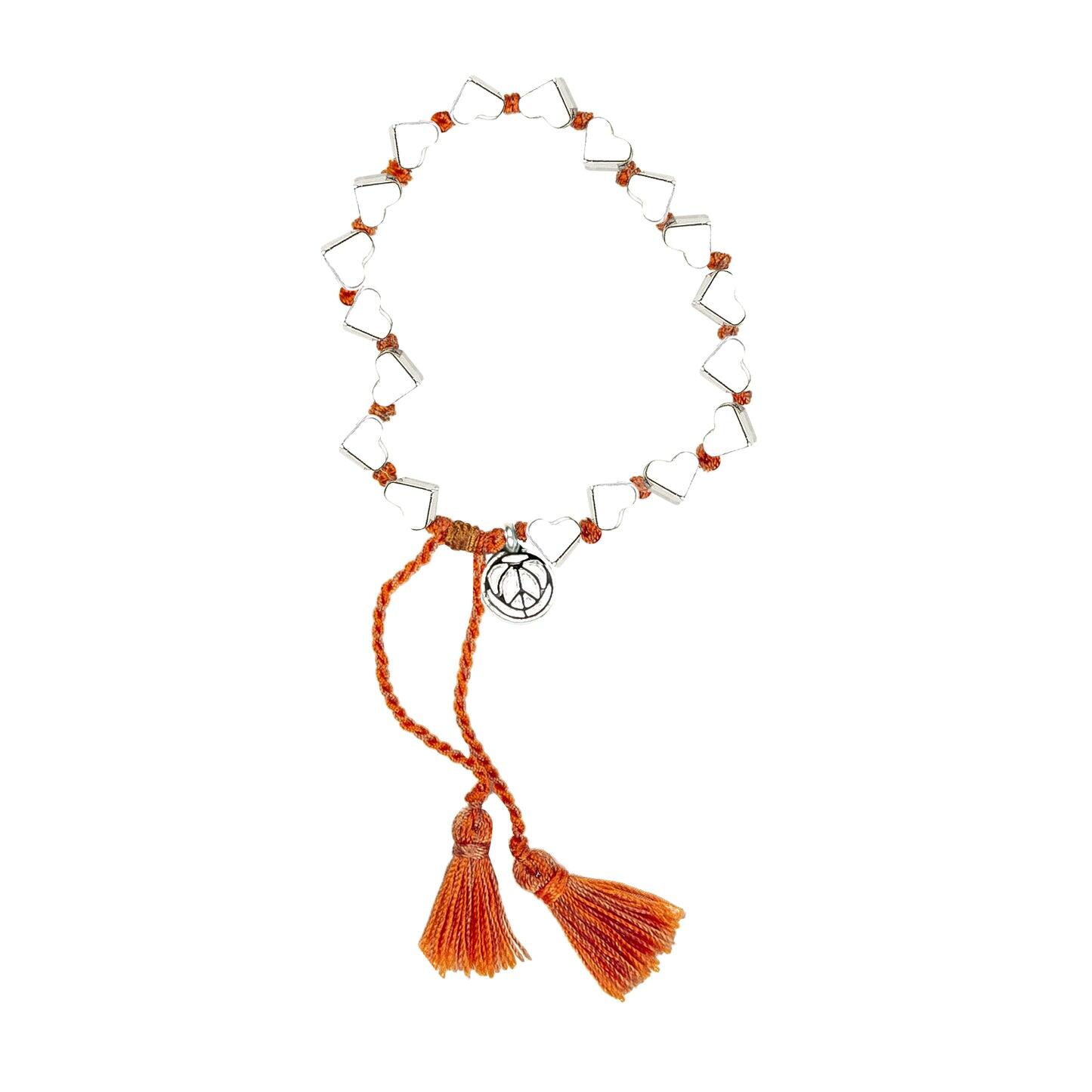 Silver Thick Heart Bracelet With Orange Tassel