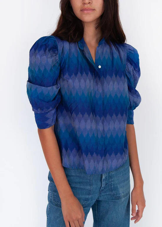 Blue Puff Sleeve Top in Ikat Print