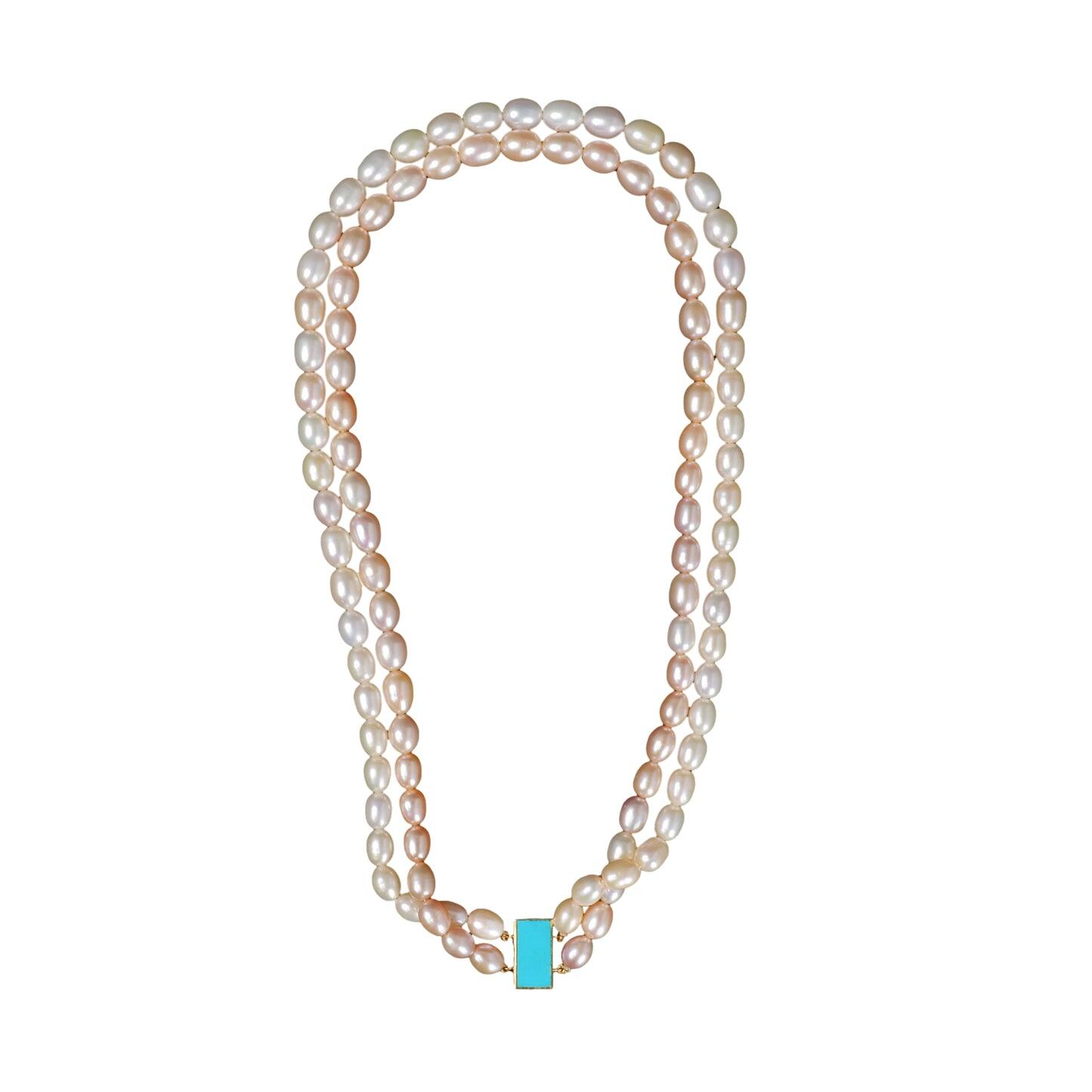 St Tropez Pearl/Blue Enamel Necklace