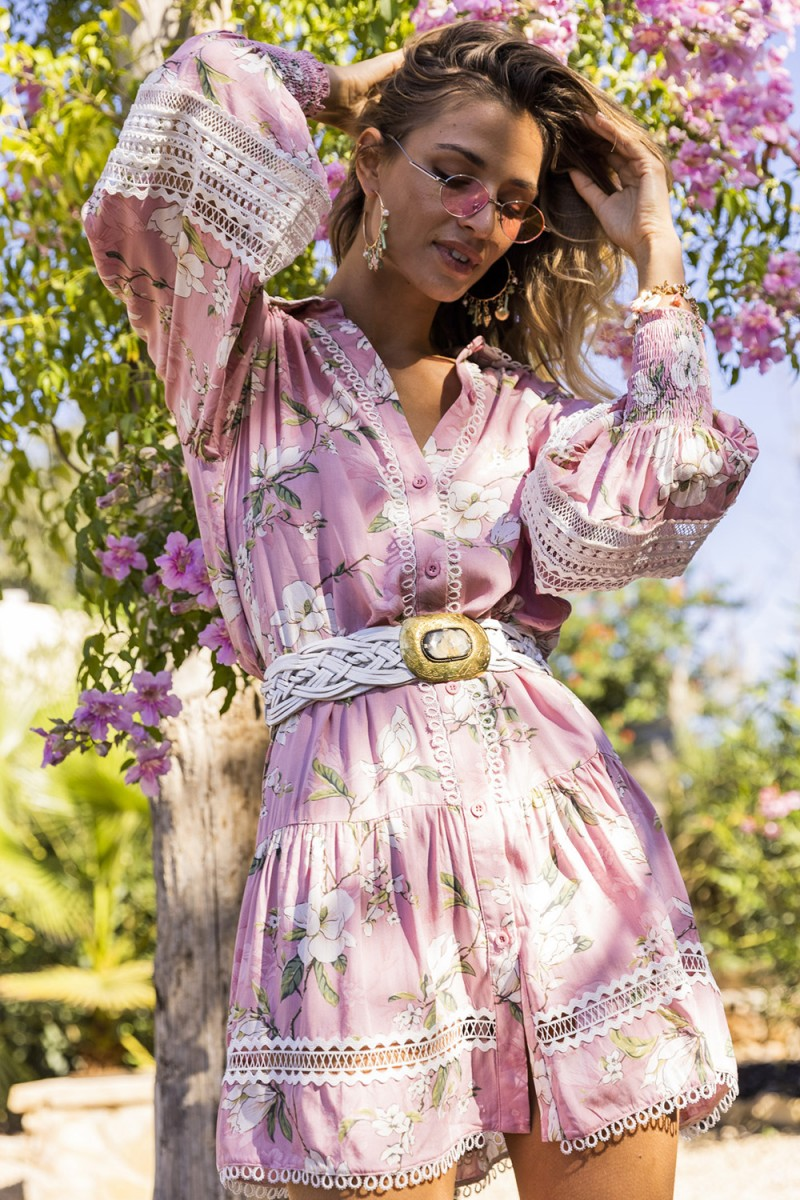 Model wearing the Tropical Print Floral Mini Dress