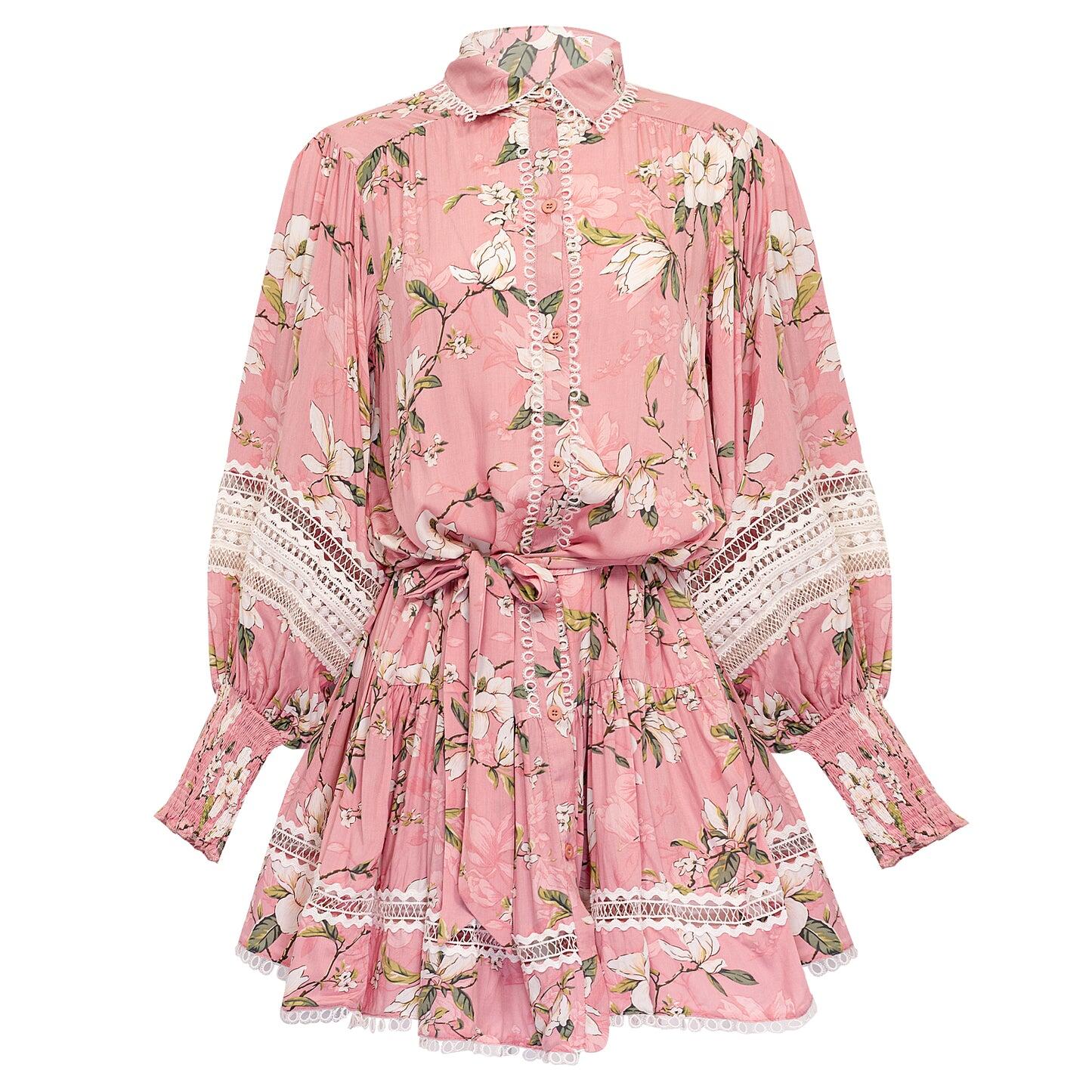 Close-up of the Summer Mini Dress Pink Floral Detail