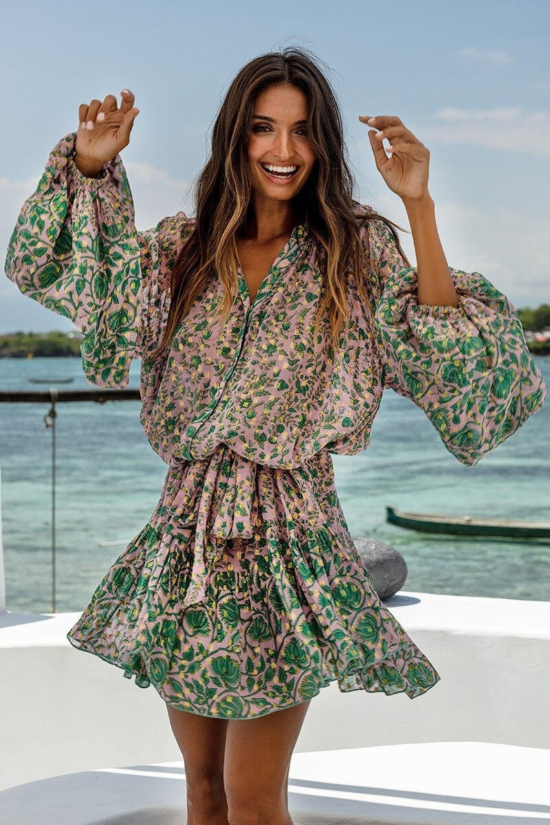 Floral blouson dress top