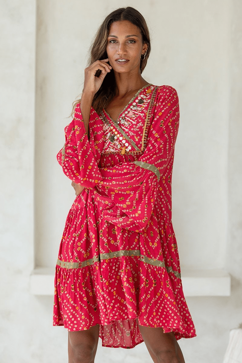 Womens Indie Mini Dress with Mirror Embroidery