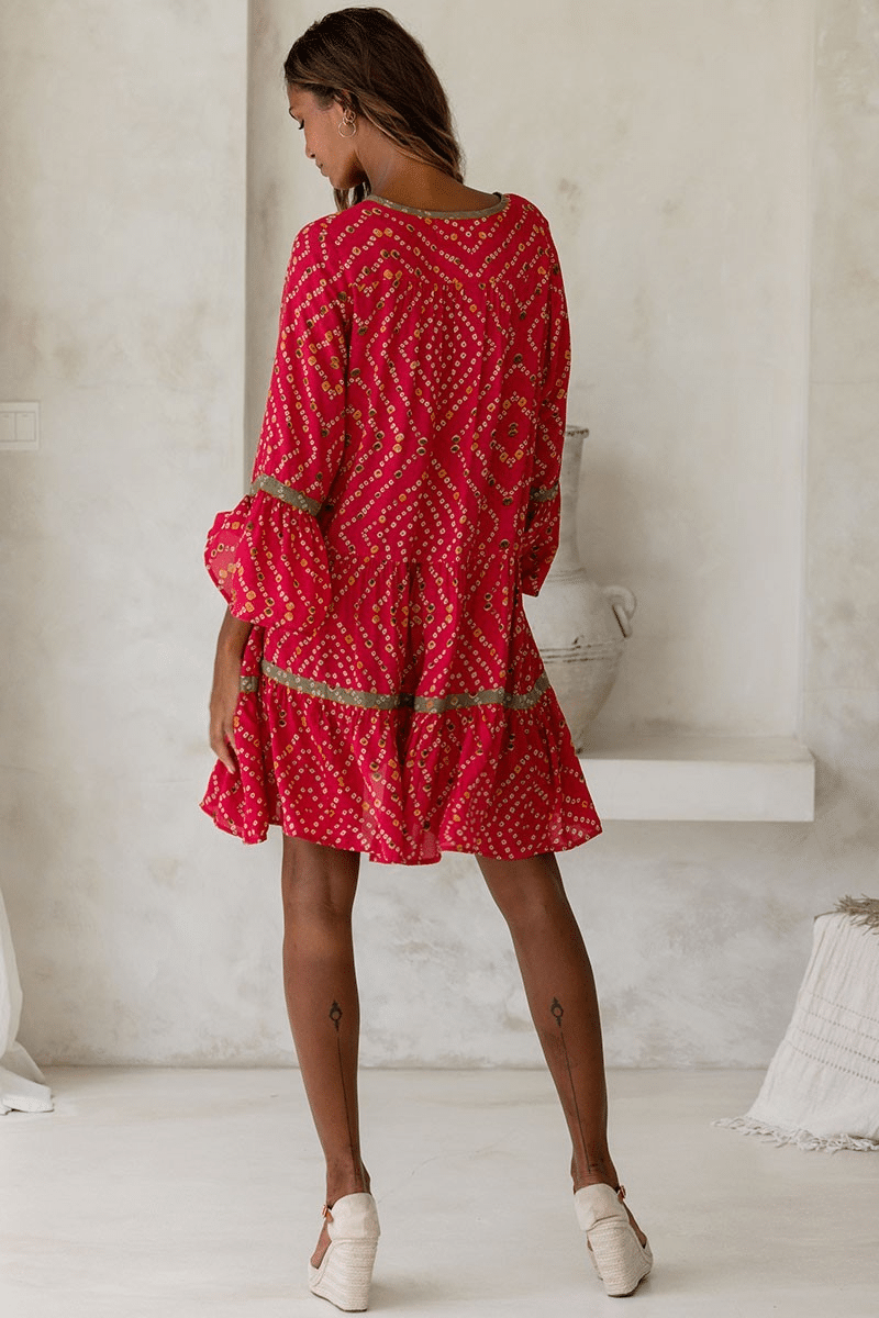 Flare Sleeve Mini Dress with Mirror Embroidery