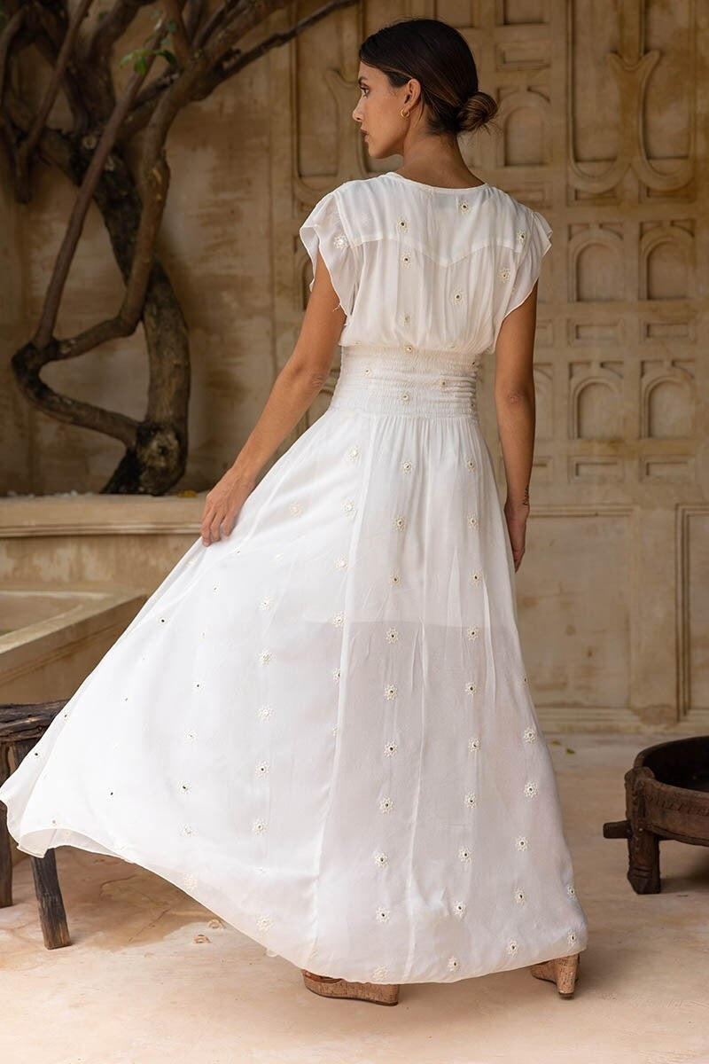 White Boho Dress with Embroidered Detail