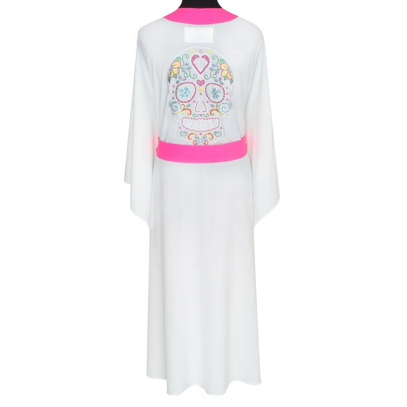 White Long Kimono Skull In Neon Pink - Kaftan