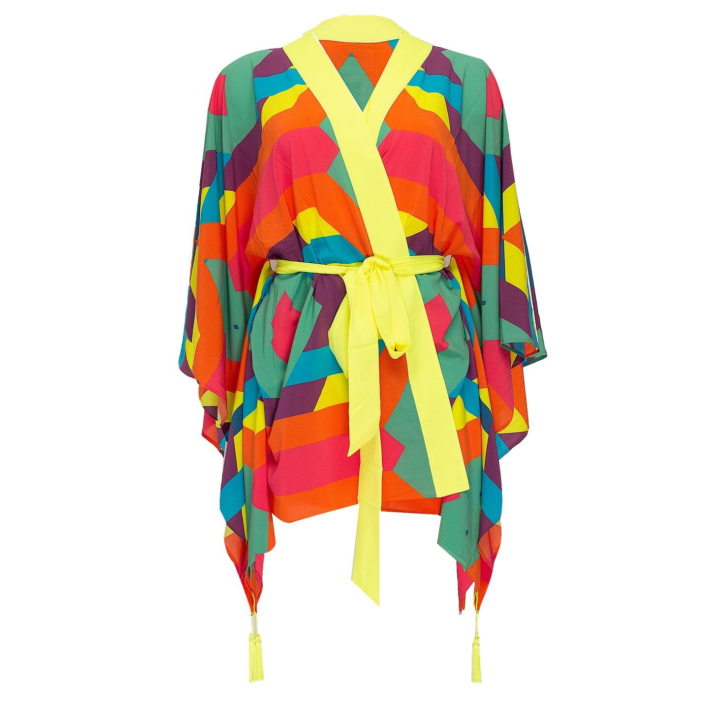 Tribal Colorful Mayan Short Kimono Wings In Neon Yellow