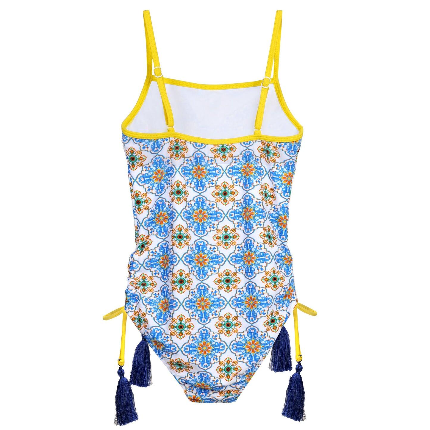 One Piece Tile Print Swimsuit with Yellow Piping