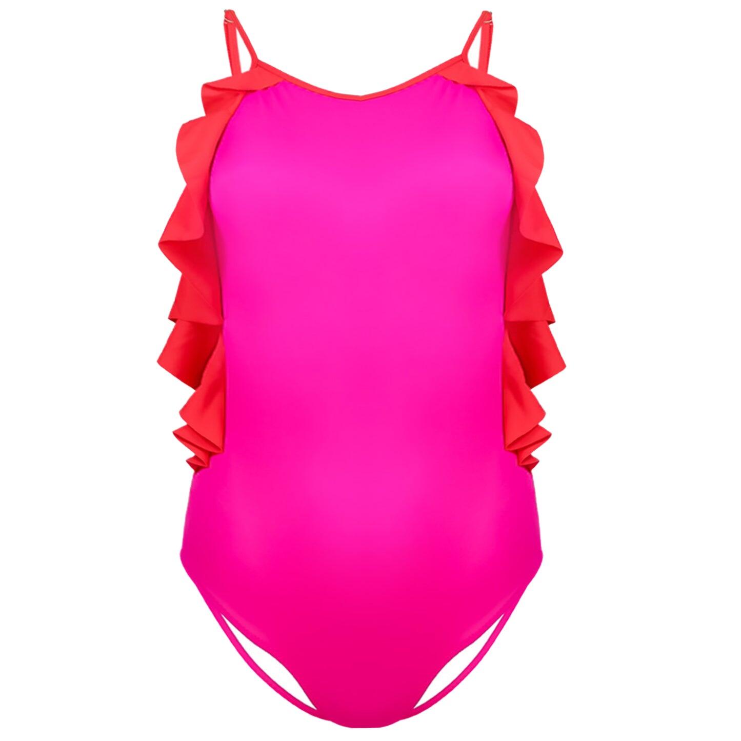 Load image into Gallery viewer, Girls Neon Pink Swimming Costume with Ruffles 
