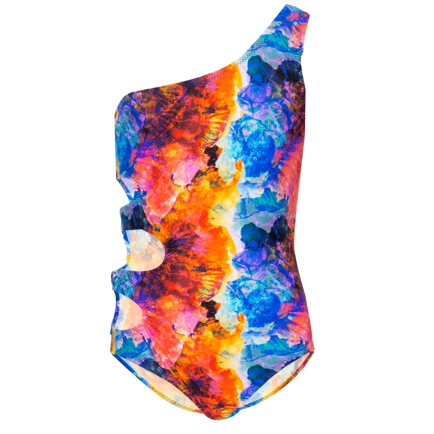 Load image into Gallery viewer, Girls Multi Coloured One Shoulder Cut Out Swimsuit

