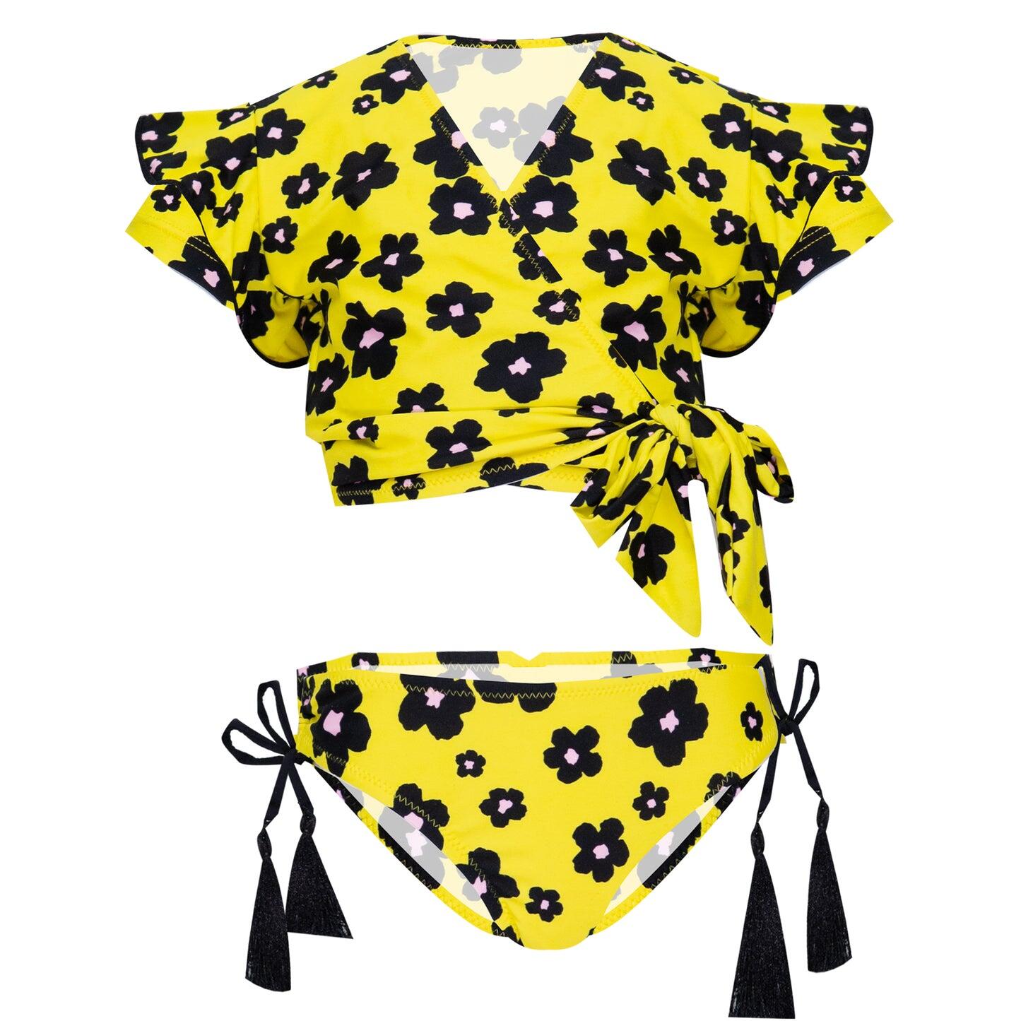 Load image into Gallery viewer, Girls Yellow Bikini Set with Floral Print
