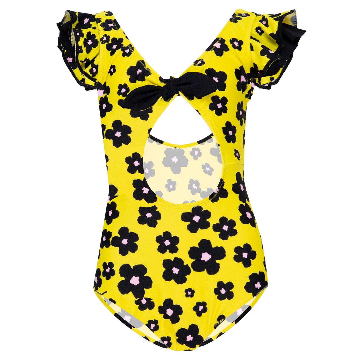 Load image into Gallery viewer, Girls Yellow One Piece Swimsuit with Flower Print
