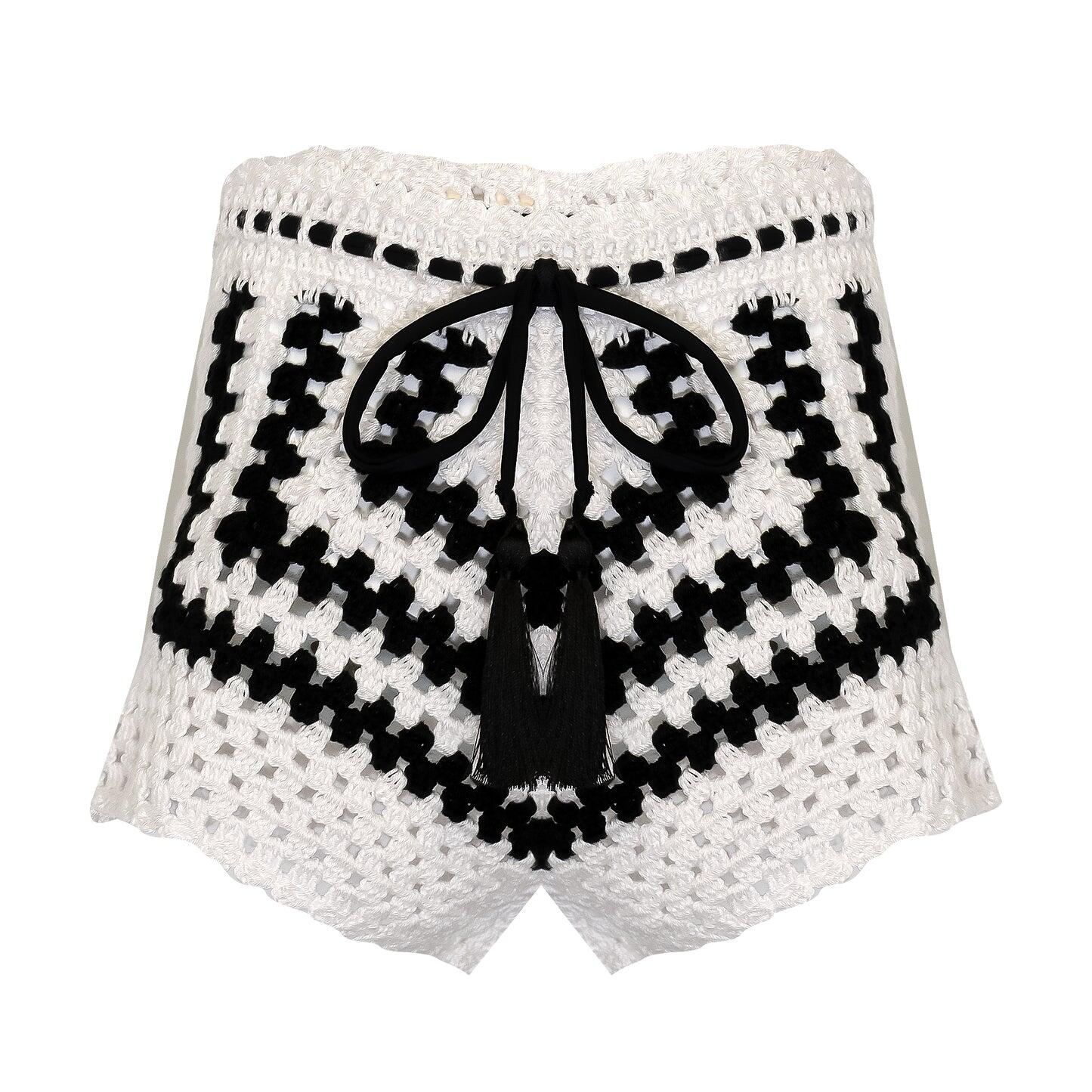 Girls Crochet Shorts in Black White Drawstring Shorts for Kids