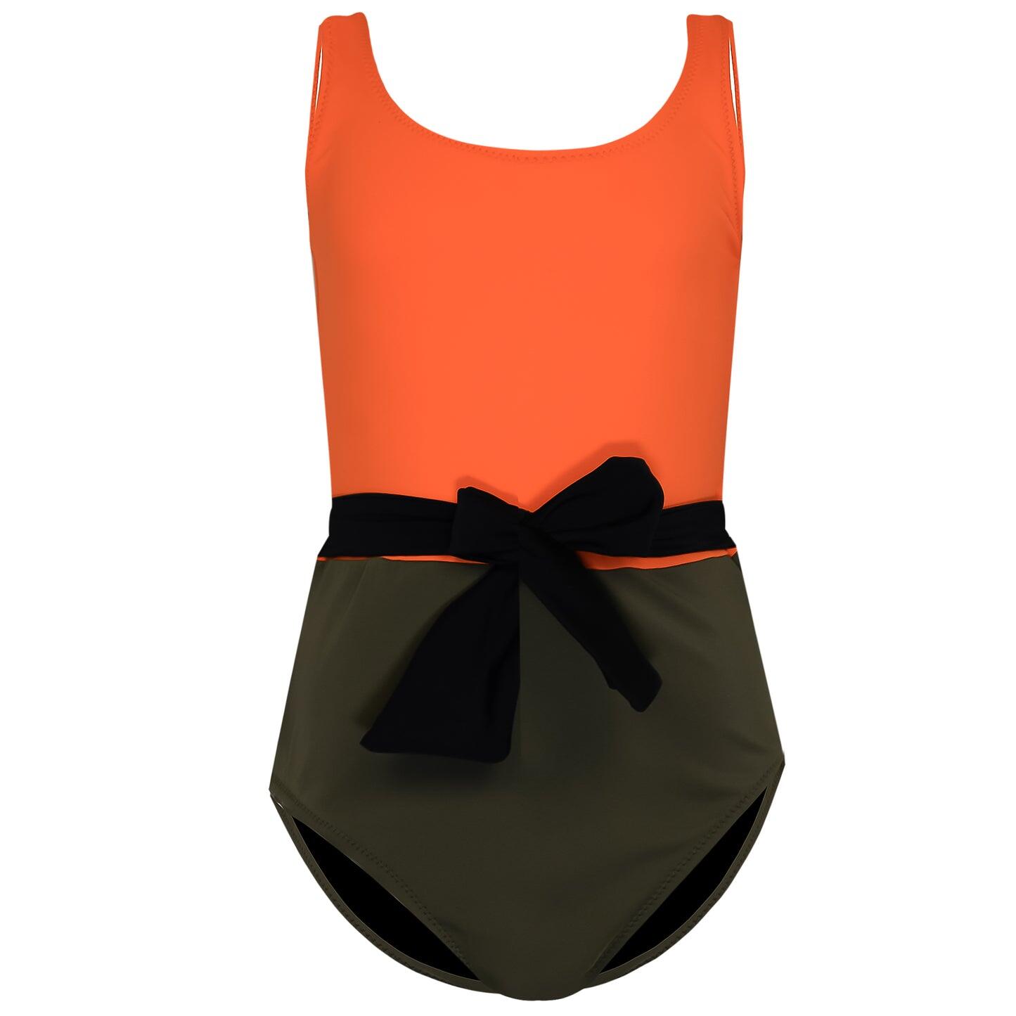 Girls Scoop Back Swimsuit in Orange/Navy Green