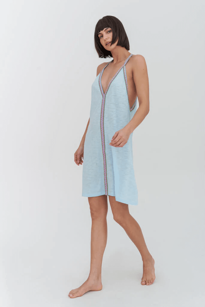 Model wearing Pitusa's Pima Mini Sundress Celeste