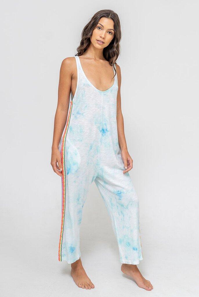 Model wearing Sleeveless Jumpsuit in Light Blue by Pitusa