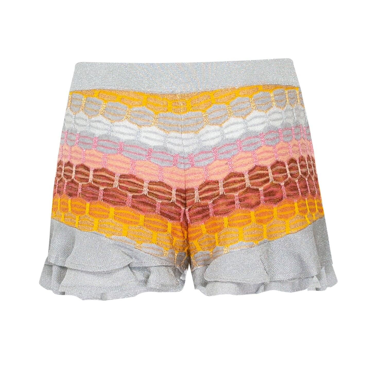 Striped Frill Shorts In Honeycomb Knit With Tie Belt Silver/Red