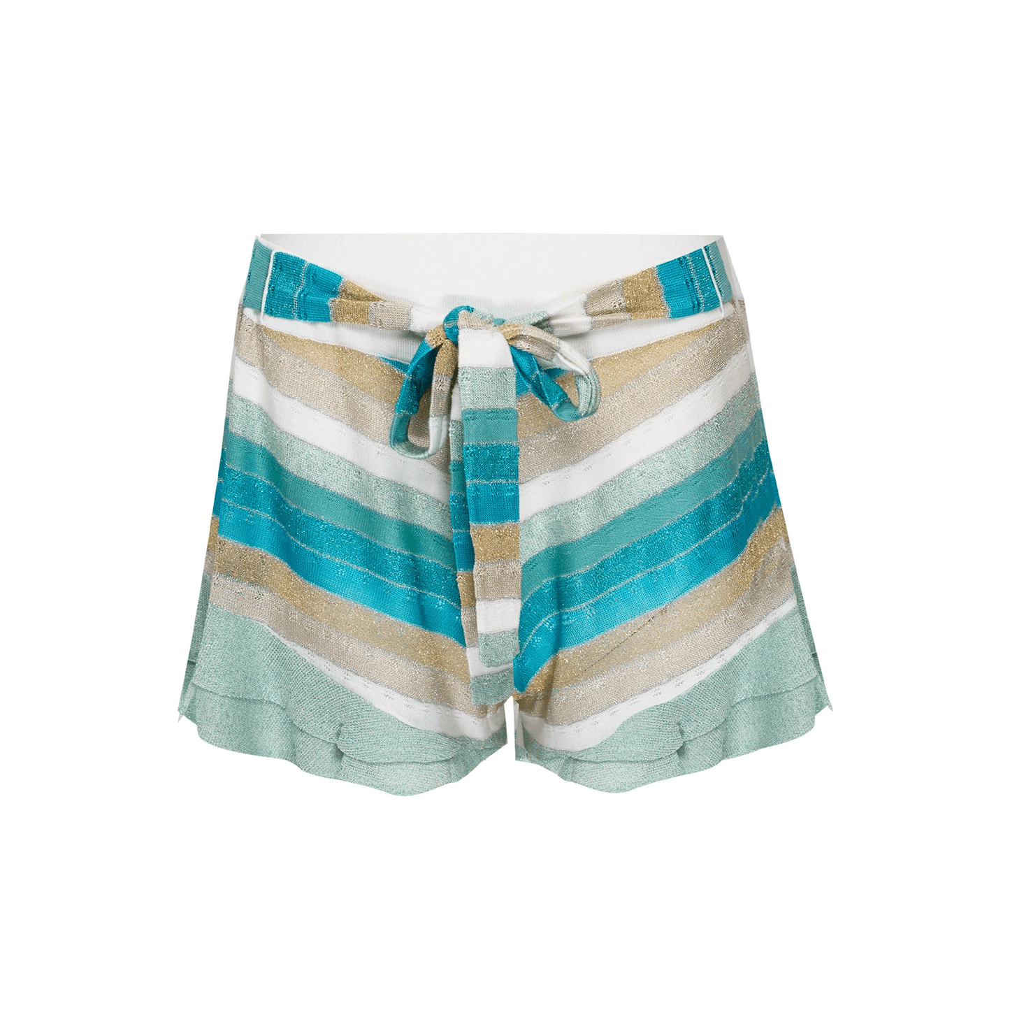Striped Frill Shorts In Drop Stitch Knit With Front Ties White/MInt
