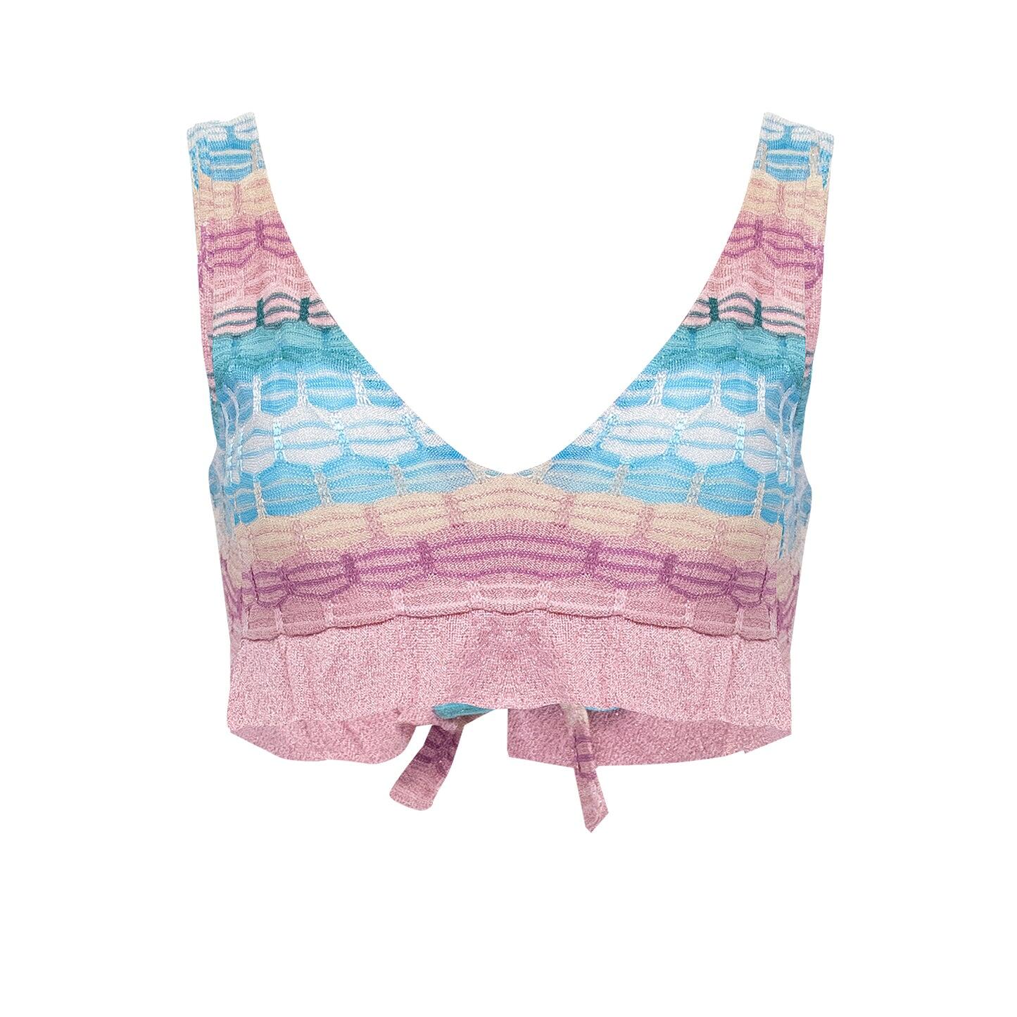 Striped Padded Bralette With Frills In Honeycomb Knit Pink/Blue