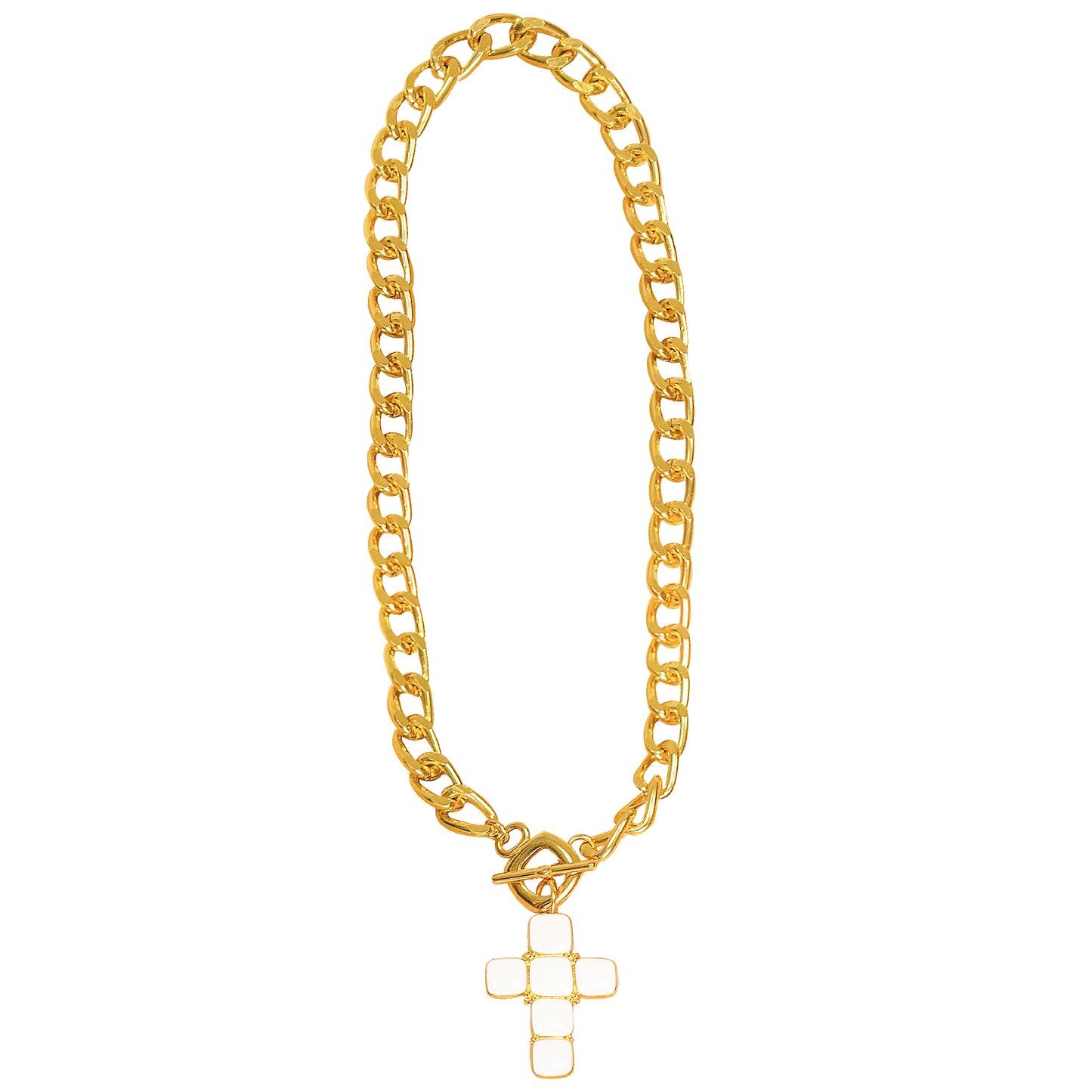 White Cross Necklace With Gold Chain