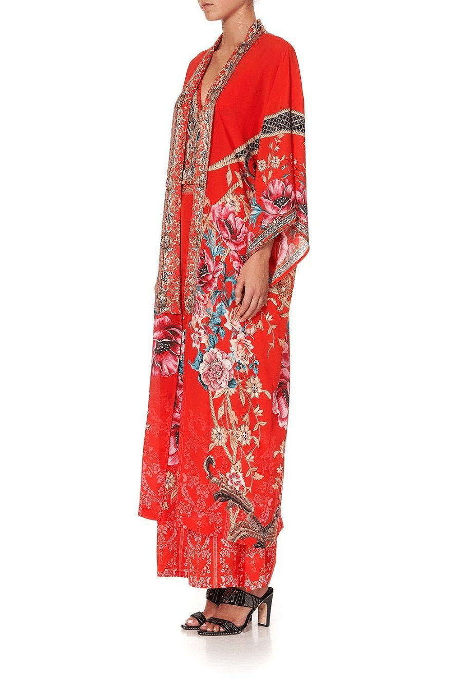 Woman wearing Long Silk Kimono Robe In Red