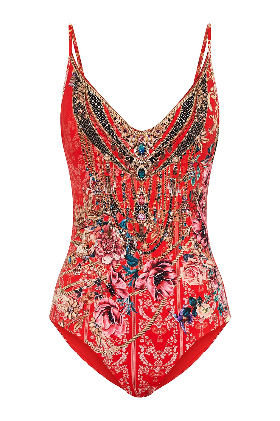 Red Floral Print Swimsuit With V Neck