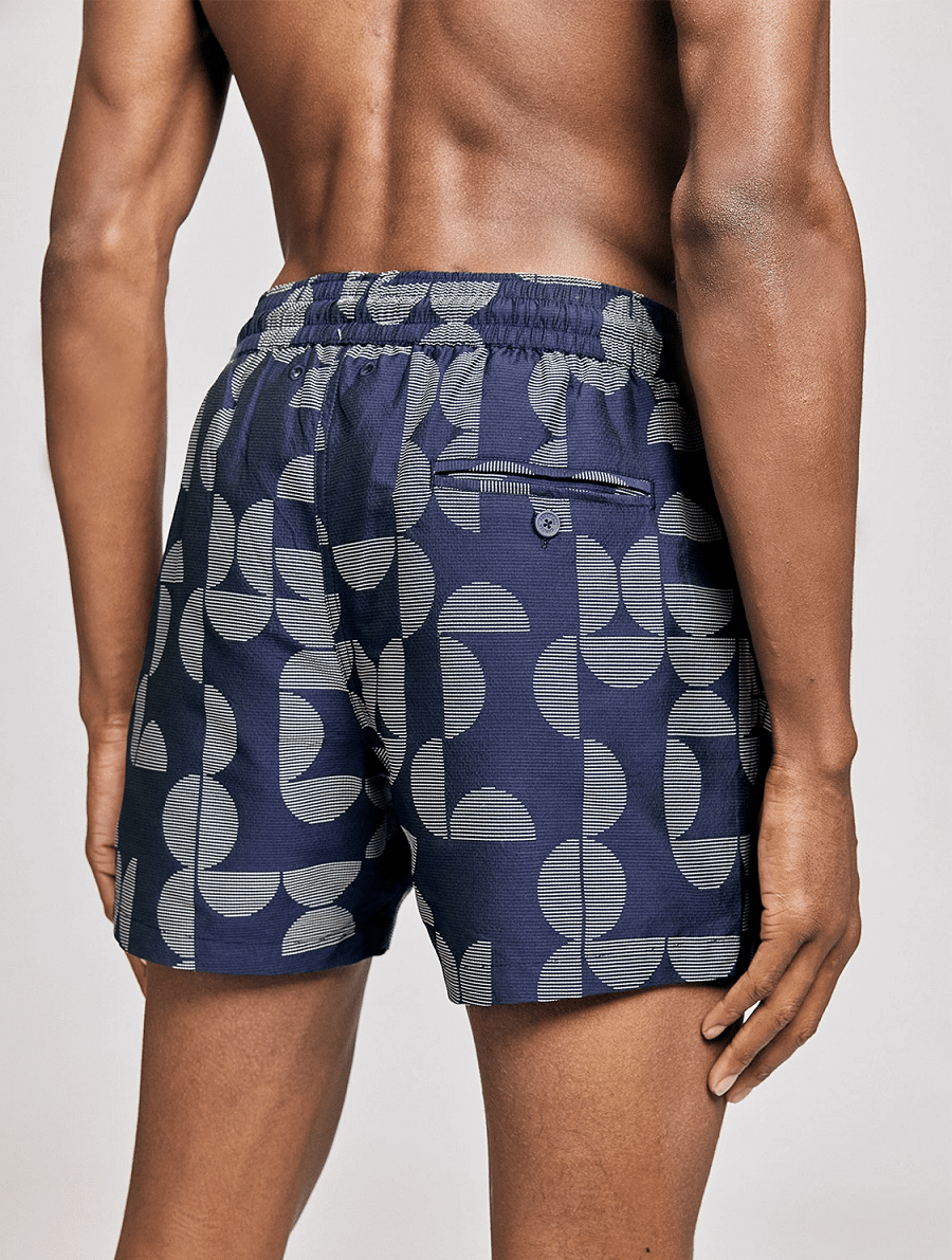 Load image into Gallery viewer, Navy Blue Swim Shorts with Buttoned Back Pocket 
